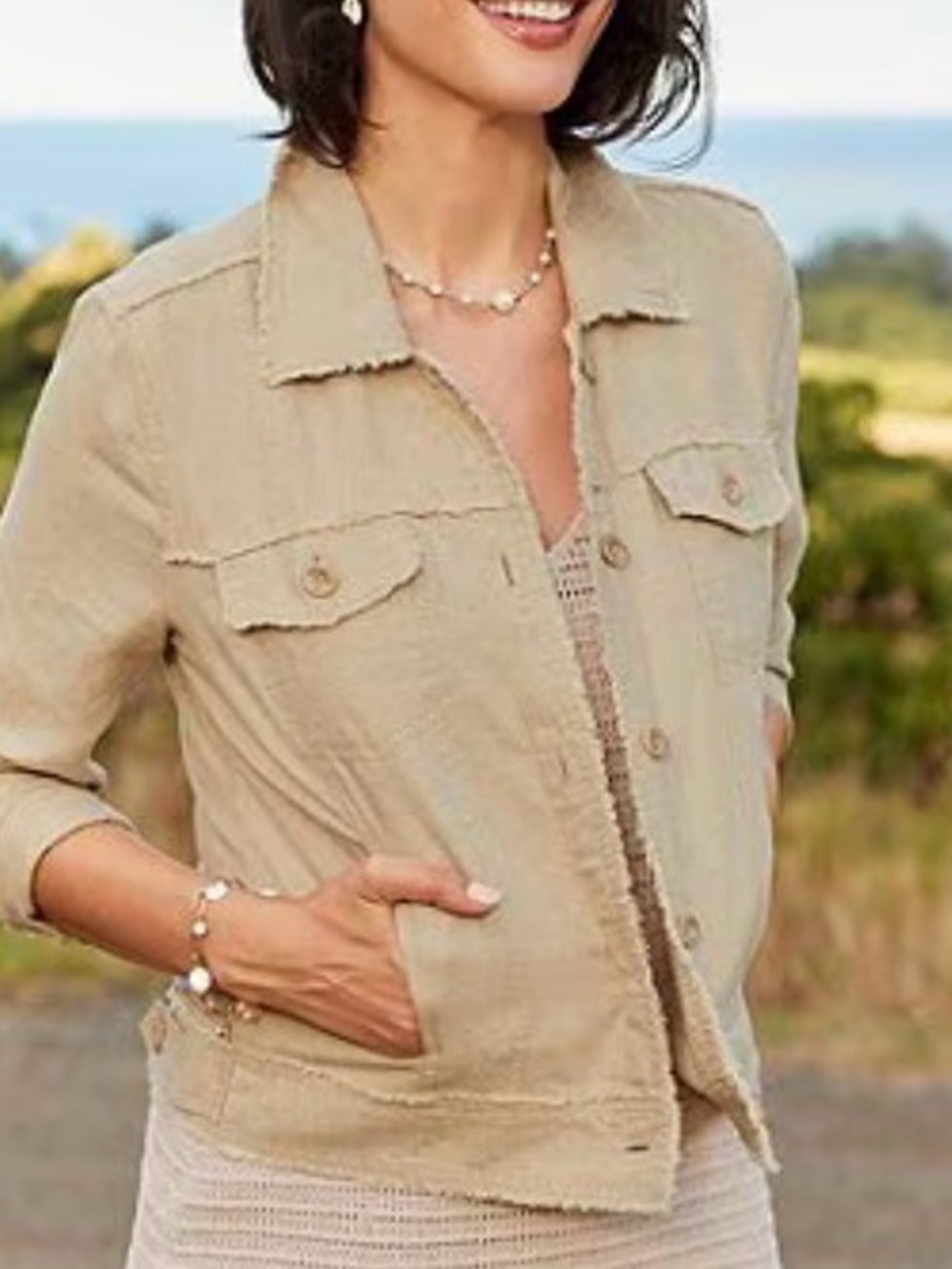 Tommy Bahama Two Palms 100% Linen- Raw Edge Jacket Button Up - Natural-Small EUC